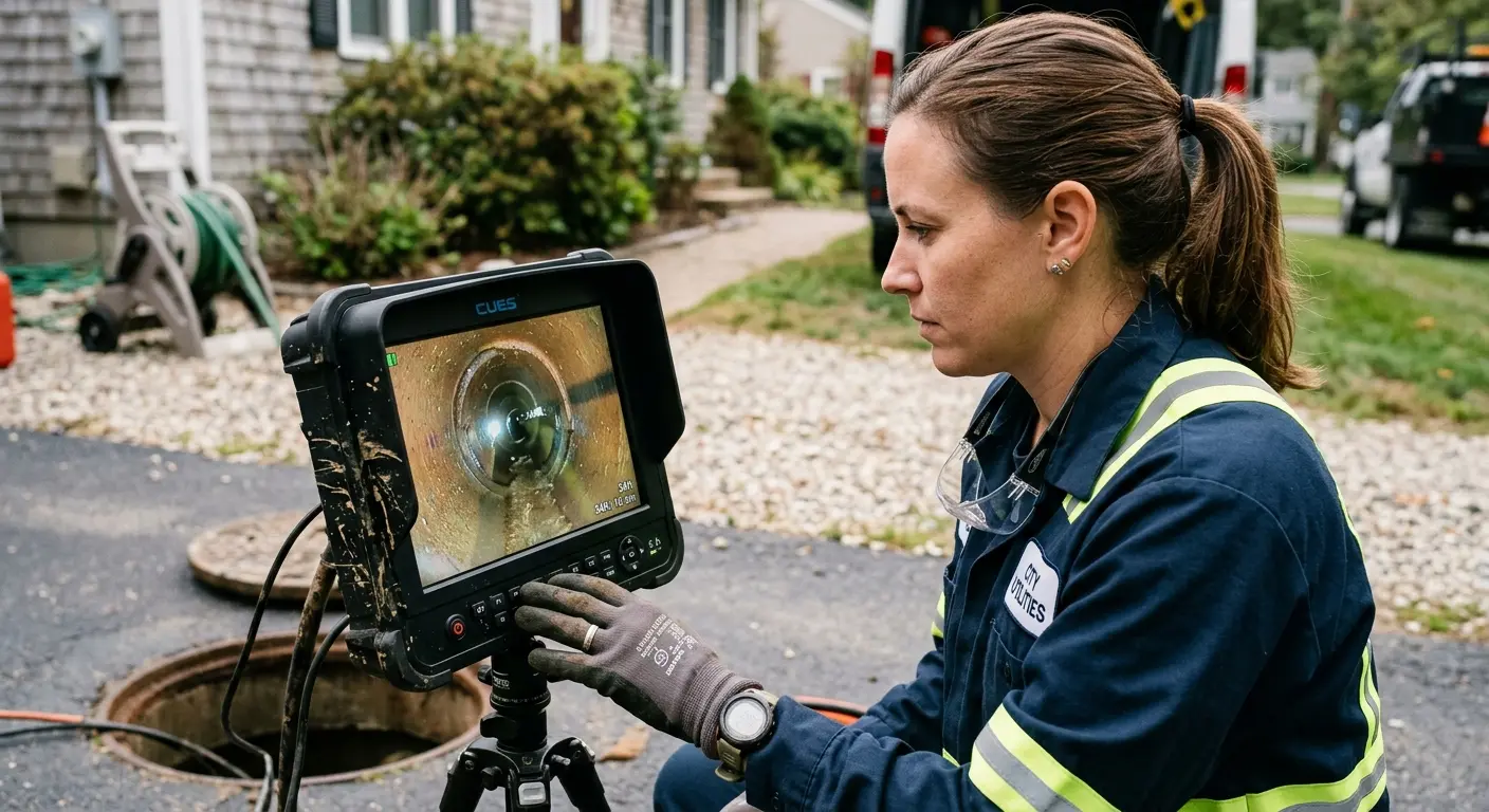 Technician reviewing sewer camera inspection footage in Greer