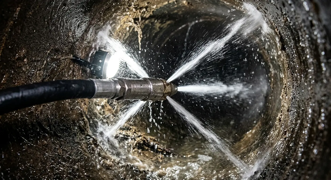 High-pressure hydro jetting nozzle cleaning sewer pipe for Trenchless Sewer Repair in Greer