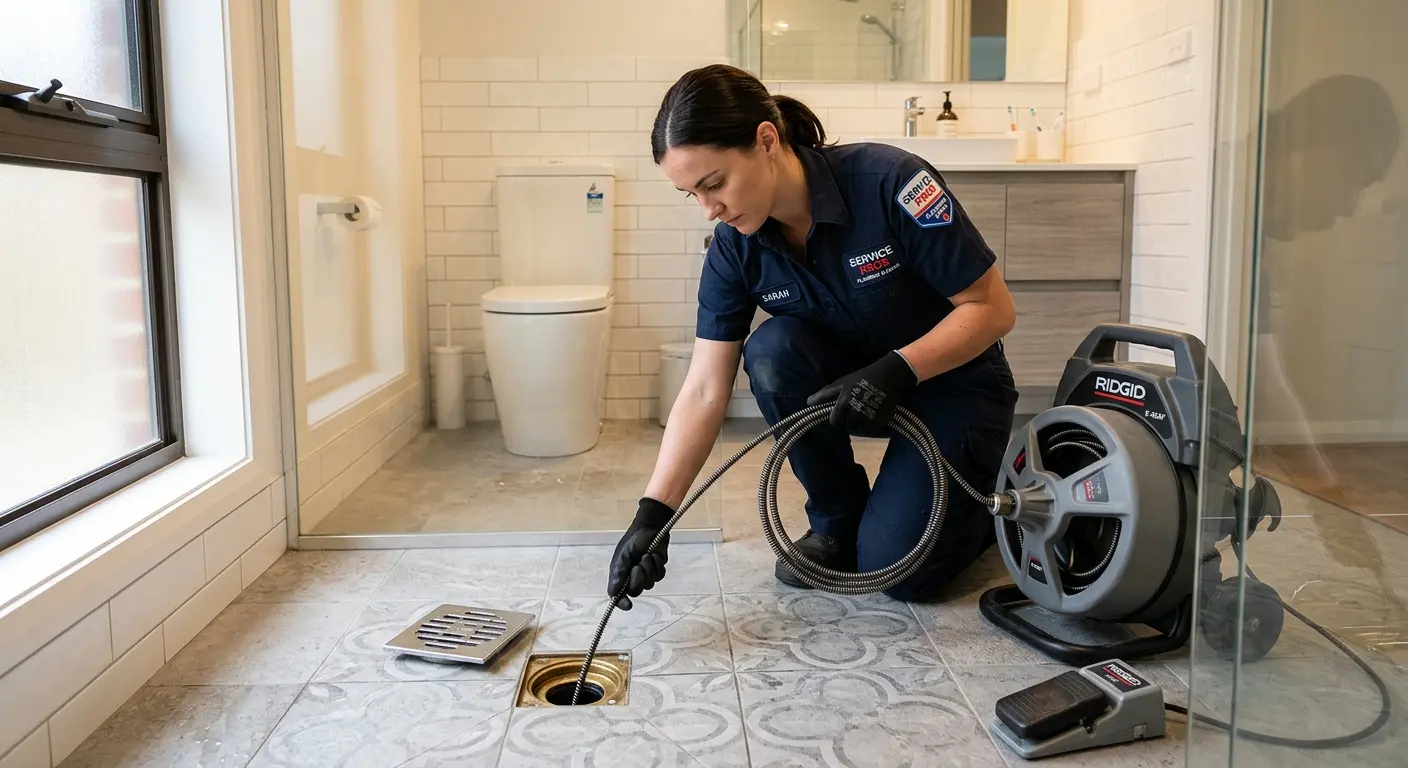 Technician clearing a bathroom floor drain for Sewer Line Replacement in Greer
